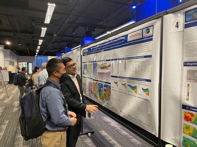 Nahid Hasan presents his poster on basin modeling in the SE Gulf of Mexico at the Geogulf meeting in Austin, TX.