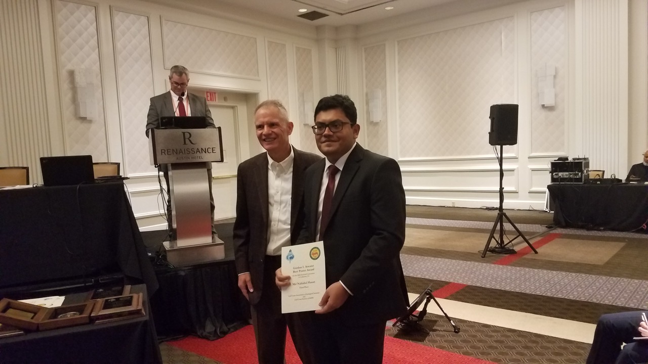 Nahid Hasan presented a poster at the 2021 Geogulf meeting in Austin, Texas, and received his third place award for best poster at the 2020 Geogulf meeting
