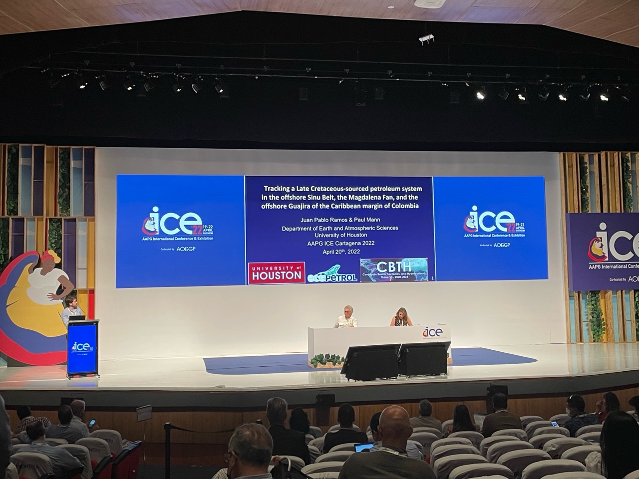 CBTH PhD candidate Juan Pablo Ramos (left) presents at AAPG ICE 2022 in Cartagena.