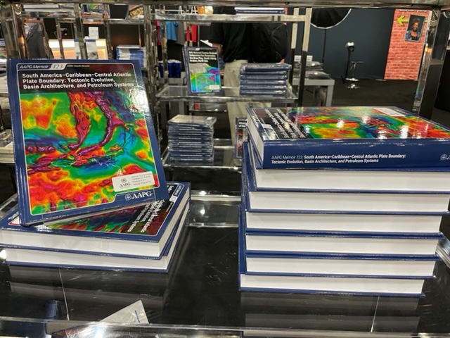 Copies of AAPG Memoir 123 containing 17 papers by the CBTH group on the Barbados-Trinidad-Guyana area on sale at at the AAPG Bookstore at the IMAGE meeting, August, 2022. 