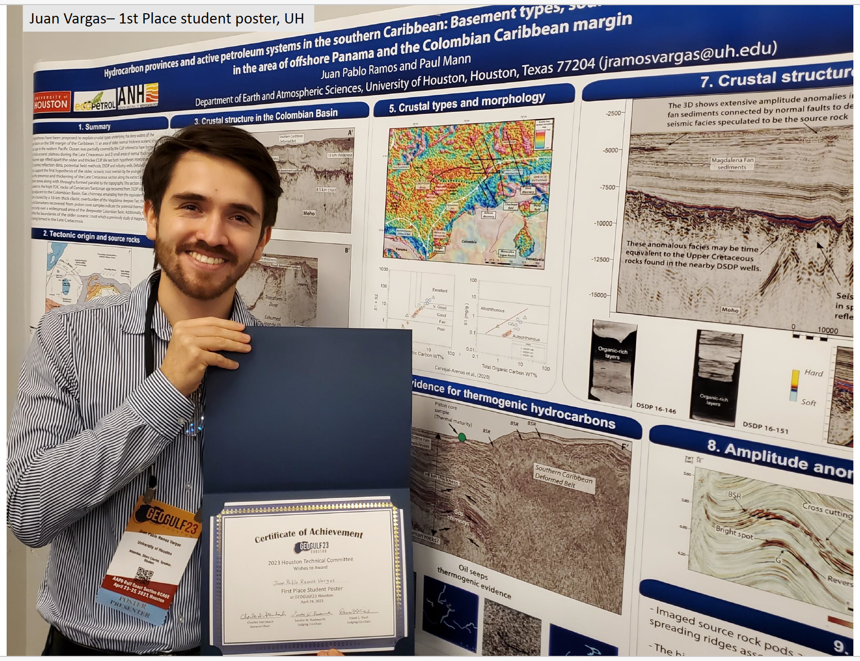 Juan Pablo Ramos wins 1st Place in the Student Poster Competition at GeoGulf23