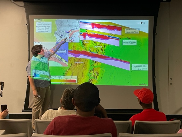 Kenneth Shipper presents a 3-minute talk on the crustal structure of the Bahamas carbonate platform on September 15, 2023.