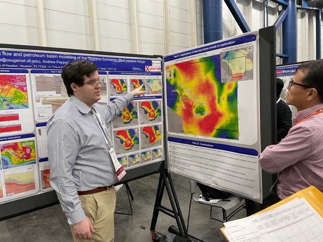 Kenneth Shipper presents his basin model for the Guyana-Suriname zone of recent discoveries to AAPG student poster judges and visitors.